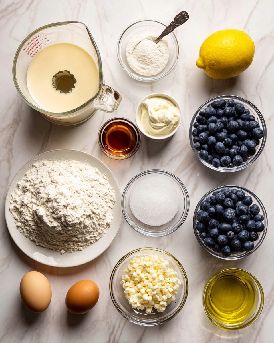The image shows various baking ingredients arranged neatly on a white marbled surface. Starting from the bottom left corner is a white plate heaped with a mound of white flour with a small hollow on top. Above it is a clear glass measuring jug filled with a creamy beige liquid. To the right of the jug is a small round bowl filled with a thick white creamy substance. Next, there is a whole yellow lemon placed beside the jug and bowl. To the upper right, a tiny glass cup contains a dark amber liquid, and below it is a small glass bowl with a bit of white powder. Next in line is a larger clear bowl brimming with fresh dark blue blueberries. Above the blueberries is a glass bowl filled with fine white granulated sugar. To the right bottom side are two brown eggs sitting close to each other. Next to the eggs is a glass bowl filled with golden-yellow oil, and above that bowl is a little spoon inside a small transparent container holding some white granules. In the center bottom is a glass bowl holding small white chocolate chips. All ingredients are clearly visible and neatly placed, with soft natural lighting highlighting their colors and textures. photo taken with an iphone --ar 4:5 --v 7