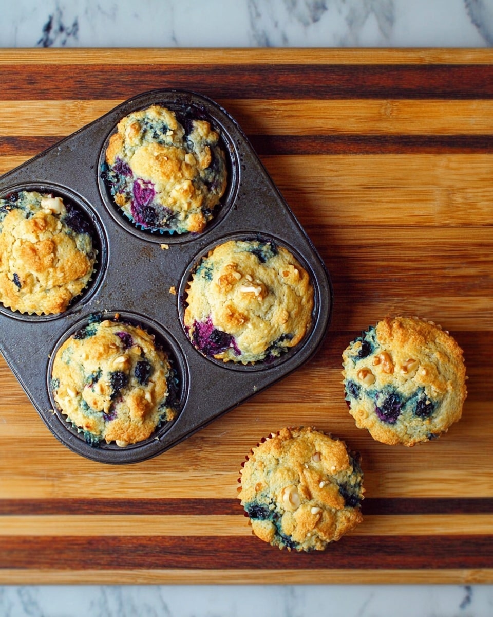 The image shows five blueberry muffins with a golden brown top, some light brown nut pieces, and purple-blue spots of blueberries throughout, with three muffins sitting in a dark metal muffin tray and two muffins placed outside the tray on a wooden cutting board with a striped pattern. The texture of the muffins looks soft and slightly fluffy with some uneven tops. The background is a white marbled surface. Photo taken with an iphone --ar 4:5 --v 7