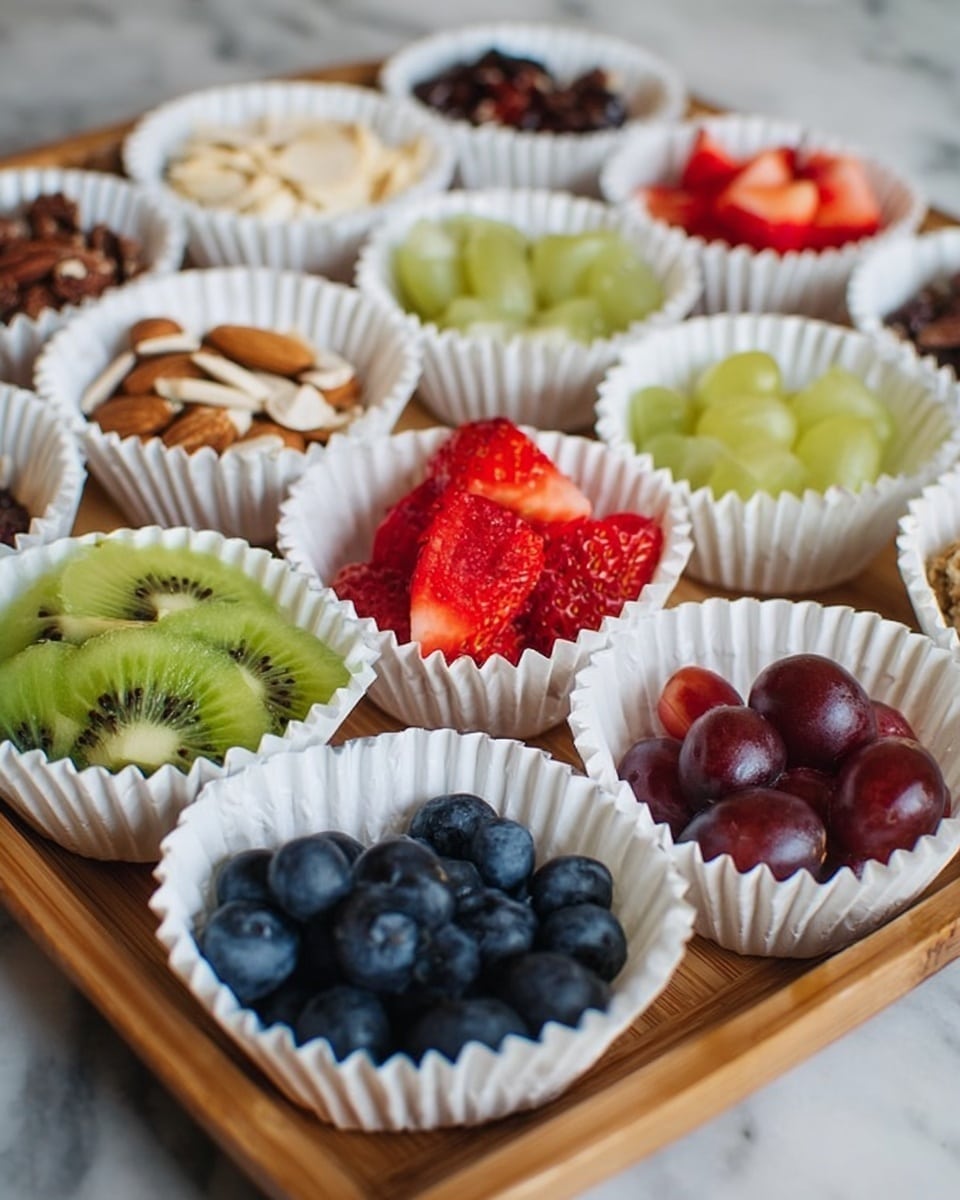 The image shows a wooden tray with many small white paper cups, each filled with different fresh fruit or nuts. In the front row, there are green sliced kiwis in one cup, red sliced strawberries in another, and dark blue blueberries in the third. Behind them, cups hold sliced almonds, halved red grapes, and other small pieces of fruit and nuts. Each cup has a neat, ruffled edge and is placed on a white marbled surface. The whole scene is bright and colorful with natural textures photo taken with an iphone --ar 4:5 --v 7