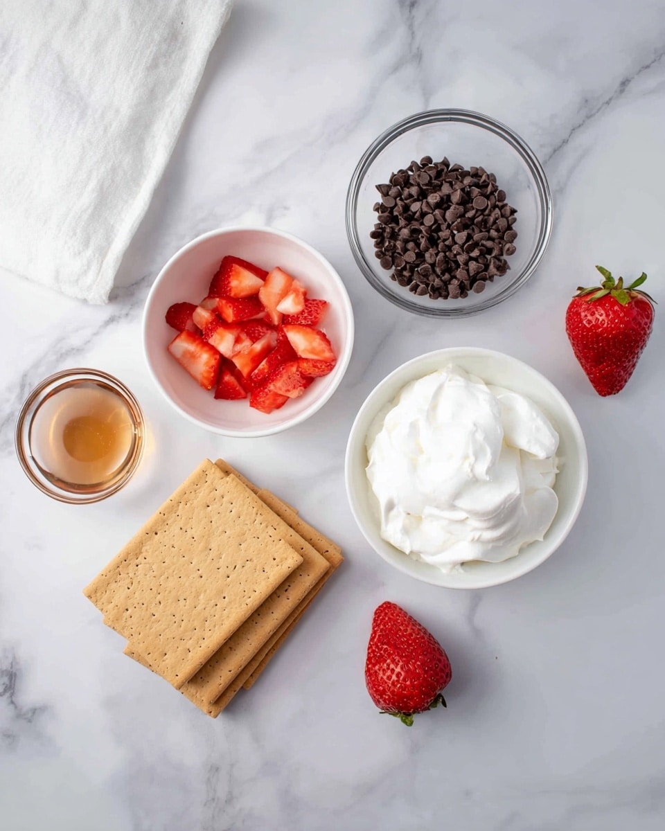 The image shows ingredients laid out on a white marbled surface, including a small white bowl filled with white whipped cream at the bottom right, a small white bowl with chopped red strawberries on the top left, a clear glass bowl with light brown liquid above the whipped cream, a clear glass bowl with small dark brown chocolate chips on the upper right, two stacked tan rectangular graham crackers on the left, and two whole red strawberries near the bowls. The setting is simple and clean, with a white cloth in the top left corner. Photo taken with an iphone --ar 4:5 --v 7