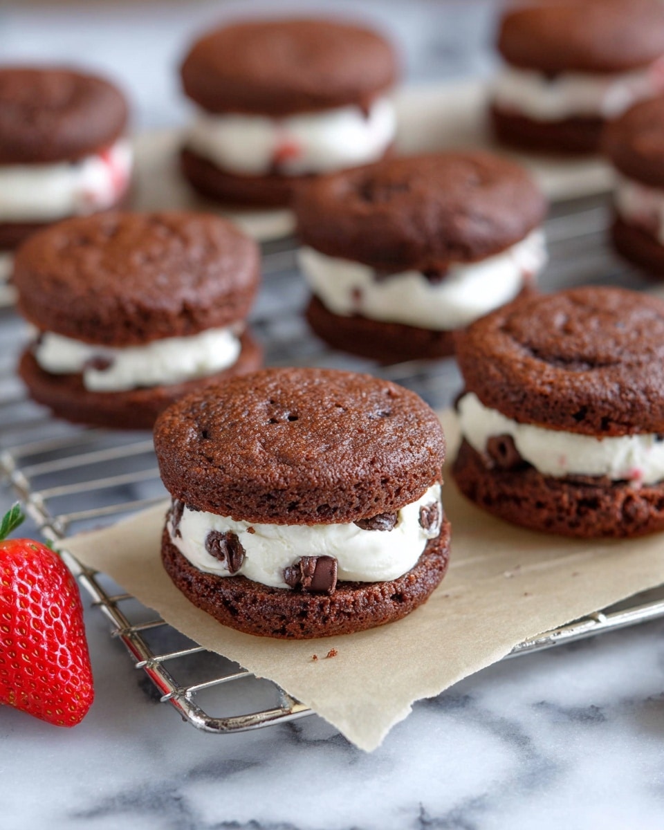 The image shows several small round chocolate chip cakes with two layers; the top and bottom layers are a darker brown color with visible chocolate chips embedded, and between them is a thick white cream layer. The cakes are placed on a piece of parchment paper on a wire cooling rack against a white marbled surface. There is a single bright red strawberry with a green leafy top resting near the front left side of the rack. The texture of the cakes looks soft and slightly crumbly, while the cream layer is smooth and thick. Photo taken with an iphone --ar 4:5 --v 7