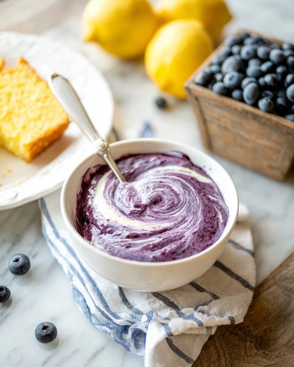 A white bowl sits on a white marbled surface with a white and blue striped cloth partially underneath it. Inside the bowl is a swirl of thick purple and white creamy mixture with a silver spoon that has a white handle resting in the mixture. To the left, part of a white plate with yellow crumbly cake is visible. In the background, two whole yellow lemons and a small wooden box full of fresh dark blue blueberries are placed, with some loose blueberries scattered around. The photo taken with an iphone --ar 4:5 --v 7