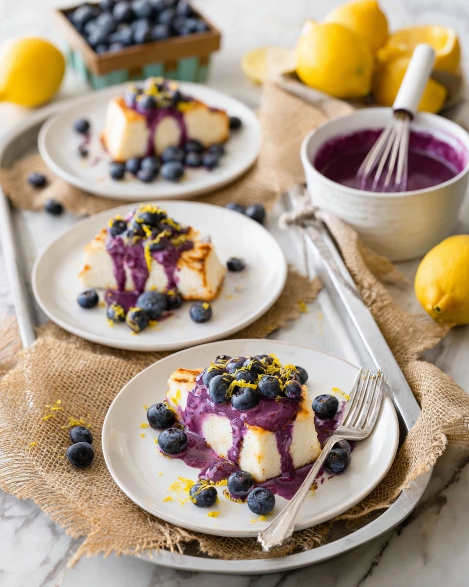 The image shows three white round plates with a dessert made of two triangular slices of grilled white cake stacked in the center of each plate. The cake is topped with a purple sauce that drips slightly down the sides and is scattered with fresh blueberries and a sprinkle of yellow lemon zest. Next to the plates is a white bowl with extra purple sauce and a small white-handled whisk inside it. The plates and bowl are placed on a silver metal tray lined with a brown burlap cloth, all set on a white marbled surface. Bright yellow lemons and a crate of blueberries are visible in the background, and a woman's hand holding a fork is near one of the plates. Photo taken with an iphone --ar 4:5 --v 7