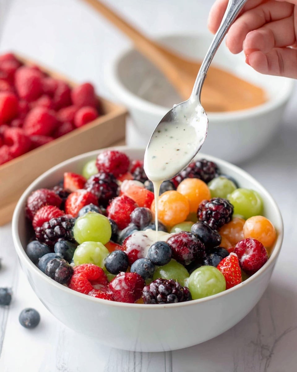 A white bowl filled with a colorful fruit salad, featuring layers of red raspberries, green grapes, orange melon balls, dark purple blackberries, and blue blueberries scattered evenly. A shiny silver spoon is held by a woman's hand over the bowl, drizzling a creamy white sauce with specks slowly over the fruit. In the background, there is a blurry white bowl with light brown contents and a white container filled with bright red raspberries, all resting on a white marbled surface. photo taken with an iphone --ar 4:5 --v 7