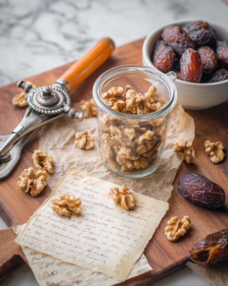 The image shows a clear glass jar in the center filled with light brown walnut halves, with some walnuts scattered around it on crumpled beige paper. To the right, there is a white bowl filled with dark brown dates, and a few dates are placed on the paper near the bowl. On the left side, a metal nutcracker with an orange wooden handle lies on the paper, partially resting on the wooden tabletop beneath. Near the bottom of the image, there is a slightly worn, old recipe card with handwritten text placed on the wooden surface. The background is a white marbled texture. photo taken with an iphone --ar 4:5 --v 7