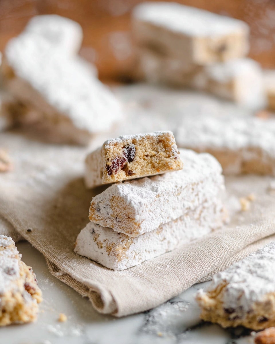 The image shows several rectangular bars dusted with white powdered sugar, with one bar at the center having a small piece broken off to reveal a beige, slightly crumbly texture with small dark bits inside, possibly nuts or dried fruit. The bars are stacked and scattered on a light beige cloth with some crumbs around them, all placed on a white marbled surface. The background shows more pieces of the same bars, slightly blurred to keep focus on the front. photo taken with an iphone --ar 4:5 --v 7