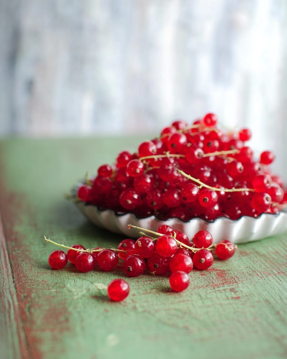The image shows a pile of bright red currants on a white fluted tray placed on a rough green wooden surface with faded paint. The currants are small, shiny, and round, clustered together on thin light brown stems, with some loose berries scattered in front of the tray on the wooden surface. The background is softly blurred with a white marbled texture, giving a light and airy feel. The focus is on the fresh, vibrant red color of the currants against the rustic wood and clean white background. photo taken with an iphone --ar 4:5 --v 7