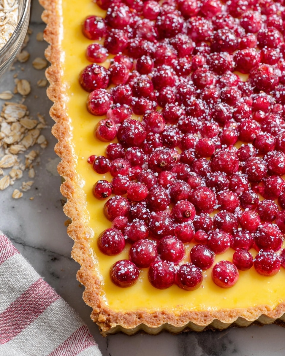 A close-up view of a tart with three visible layers: the base layer is a light brown, crumbly crust with a scalloped edge, above it is a smooth, bright yellow custard layer, and the top layer is covered with small, round red berries that have a light dusting of white sugar crystals. The tart is placed on a white marbled surface with part of a glass bowl filled with oats and a grayish cloth with red stripes visible near the bottom edge. photo taken with an iphone --ar 4:5 --v 7