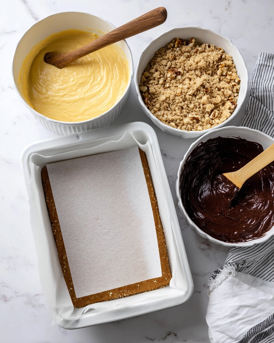 The image shows a white baking pan lined with parchment paper placed on a white marbled surface, ready for layering. To the left is a large white bowl filled with smooth yellow batter and a wooden spoon resting inside. Above the pan, there is a white bowl filled with a crumbly mix made of light brown crumbs and chopped nuts. To the right of that, another white bowl contains thick dark chocolate batter with a wooden spatula inside it. A white kitchen towel with thin black stripes lies at the top right corner of the image. Photo taken with an iphone --ar 4:5 --v 7