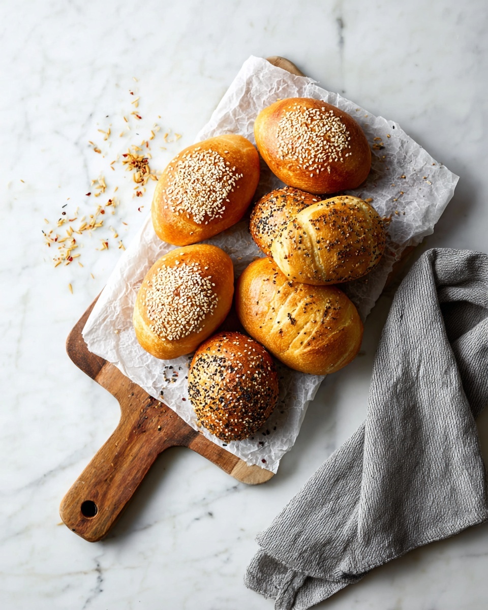 A wooden board with a handle is shown on a white marbled surface, lined with white crinkled paper holding eight golden brown bread rolls. Four of the rolls are round, topped with white sesame seeds, while the other four are oval-shaped, some sprinkled with a mix of black and white seeds and spices. There are small seed crumbs scattered on the paper and marbled surface near the board. A folded gray cloth napkin is placed to the bottom right corner of the image. photo taken with an iphone --ar 4:5 --v 7