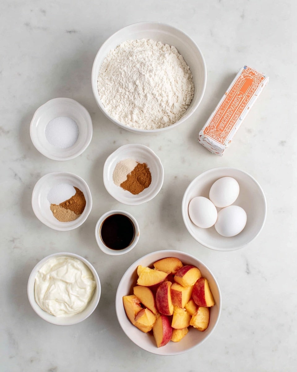 The image shows seven separate white bowls and a stick of butter on a white marbled surface. In the top middle, there is a large bowl filled with white flour. To the right of it is an unopened stick of butter wrapped in orange and white paper. Below the flour bowl and to the left, a small white bowl contains white granulated sugar. Next to it, toward the center, another small white bowl holds various spices which include cinnamon and baking soda, with colors in warm brown, beige, and white tones. To the right of the spices, a white bowl contains two whole white eggs. Below the eggs and to the left, a small white bowl is filled with thick, white yogurt. To the right of the yogurt, a small white cup holds dark brown vanilla extract. At the bottom center, the largest bowl in the image is filled with chunks of fresh, orange and red-skinned peaches. The bowls and ingredients are neatly arranged in rows on the white marbled surface. photo taken with an iphone --ar 4:5 --v 7