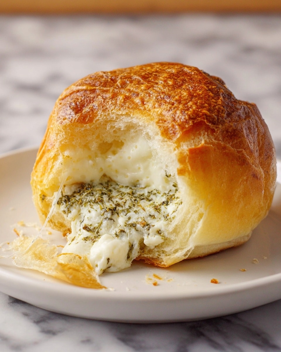 A soft, golden-brown bun with a slightly crispy top layer sits torn open on a white plate, revealing its soft and fluffy inside. Inside the bun, there is a creamy layer of melted white cheese mixed with finely chopped green herbs, creating a textured, moist filling that slightly oozes out. The bun’s bottom layer is thick and light, contrasting with the smooth, rich filling in the middle. The background features a white marbled texture, highlighting the warm tones of the bun and filling. Photo taken with an iphone --ar 4:5 --v 7