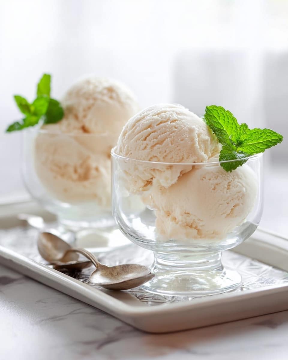 Two clear glass cups on a white marbled surface each hold two scoops of pale cream-colored ice cream with a smooth, slightly textured surface. One cup is placed closer to the front and the other behind it. Each cup is garnished with a small fresh green mint leaf on the side. The cups sit on a rectangular tray with a subtle pattern, and there are two silver spoons resting on the surface to the left. The background is soft and bright with diffused natural light. Photo taken with an iphone --ar 4:5 --v 7