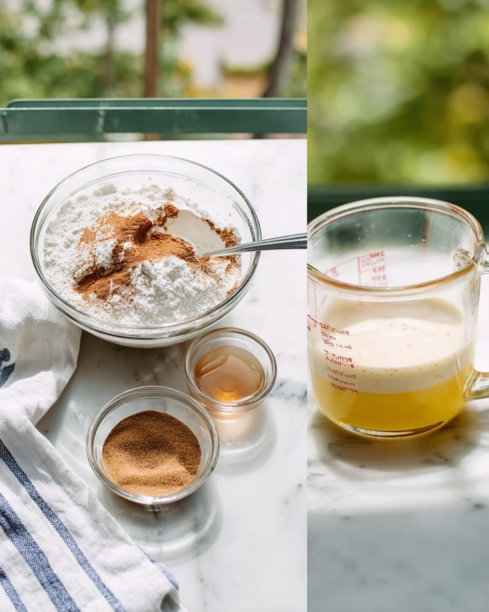 The image shows two parts: the left side has a white marbled surface with a clear glass bowl holding dry ingredients layered with white flour, brown cinnamon sprinkled on top, and white baking powder in the middle, with a metal spoon inside the bowl. Next to it is a clear glass measuring cup with a light brown liquid, and a small clear glass bowl with fine brown sugar, all placed on a white cloth with blue stripes. The right side shows a close-up of a clear glass measuring cup filled with a creamy white liquid on top and yellow liquid at the bottom, placed on the same white marbled surface with a blurred green outdoor background. photo taken with an iphone --ar 4:5 --v 7