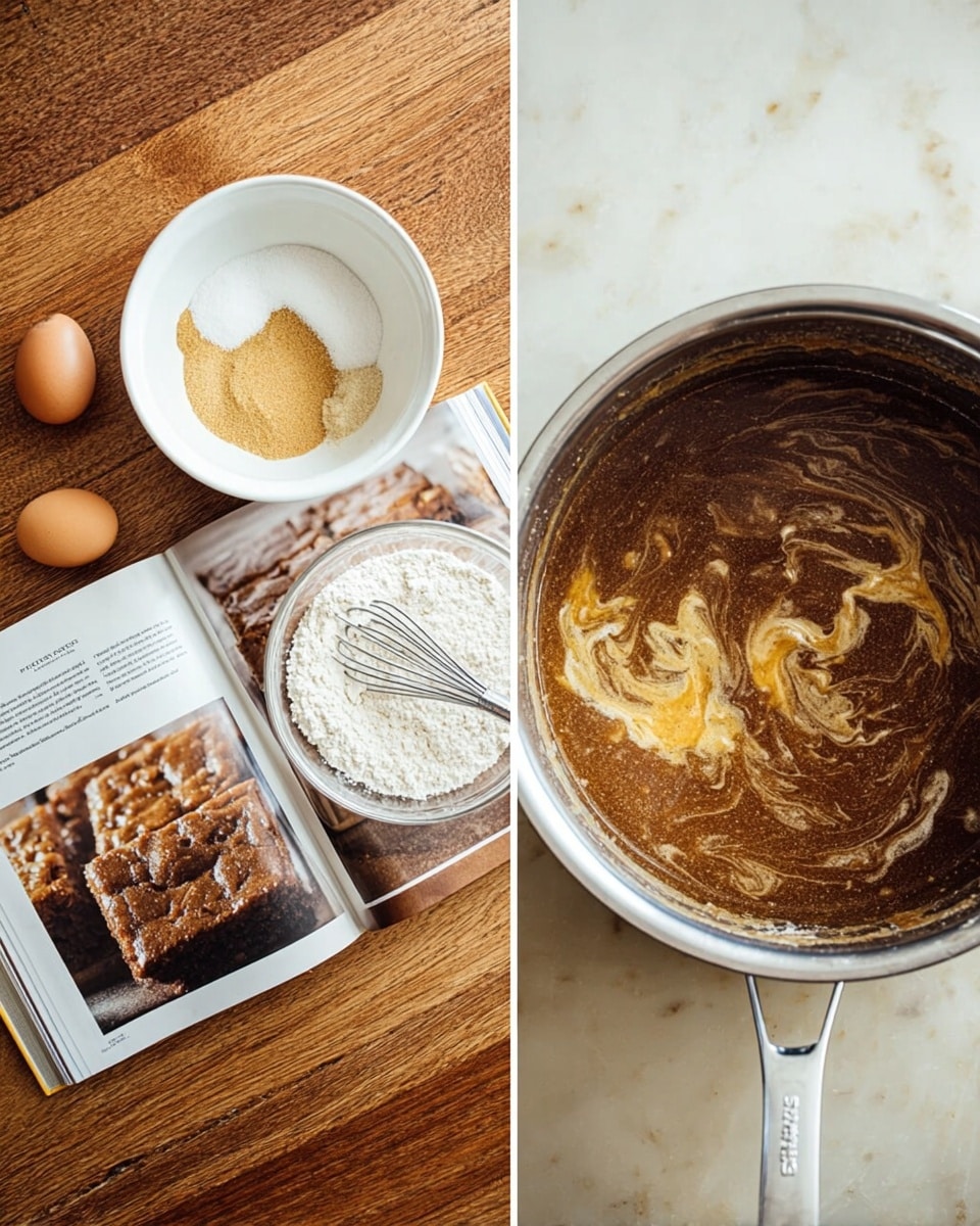 The image shows two parts: on the left, there is a white bowl with light brown sugar and pieces of lemon peel on a wooden table near a single brown egg and an open cookbook showing a picture of sliced baked squares. Below the bowl, there is a clear glass bowl with white flour and a silver whisk resting inside it. On the right side, a close-up image captures a metallic pot full of a thick brown mixture with darker chunks and lighter brown swirls on the surface. The background is a white marbled texture. Photo taken with an iphone --ar 4:5 --v 7