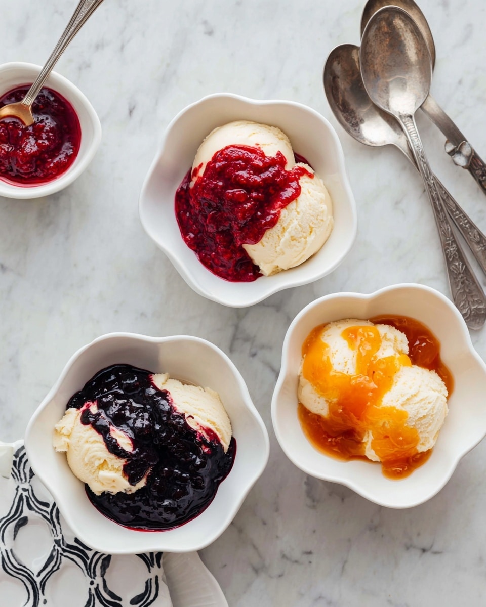 The image shows three white flower-shaped bowls placed on a white marbled texture surface, each filled with white vanilla ice cream. The top left bowl has three scoops of ice cream topped with bright red raspberry sauce with visible seeds. The top right bowl contains vanilla ice cream with orange apricot sauce drizzled on top. The bottom bowl has vanilla ice cream topped with dark blue-purple blueberry sauce. Each bowl has a spoon resting inside, with the handles pointing outwards. The ice cream looks creamy and smooth with sauce pooling slightly around it. Photo taken with an iphone --ar 4:5 --v 7