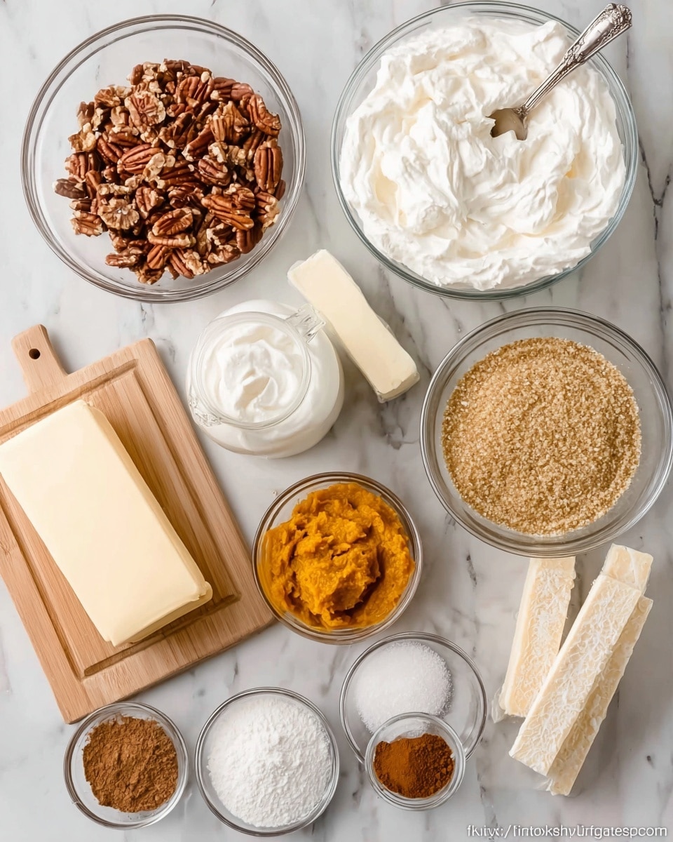 The image shows various baking ingredients arranged on a white marbled surface. In the center, there is a small glass bowl filled with chopped pecans. To its right, a larger glass bowl contains light golden crushed graham crackers. Above the pecans, a large glass bowl is filled with fluffy white whipped cream, with a spoon in it. Next to the whipped cream is a glass jar filled with a white creamy substance. Below the pecans, there is a small bowl of orange pumpkin puree. Below and to the right, two small glass bowls hold white powdered sugar and a brown spice, likely cinnamon. At the bottom left, two thick sticks of butter and a block of cream cheese sit on a wooden board. Near the butter, there are two small paper bags of dry ingredients, one open showing white flour inside. The whole setting has a clean and soft look. photo taken with an iphone --ar 4:5 --v 7