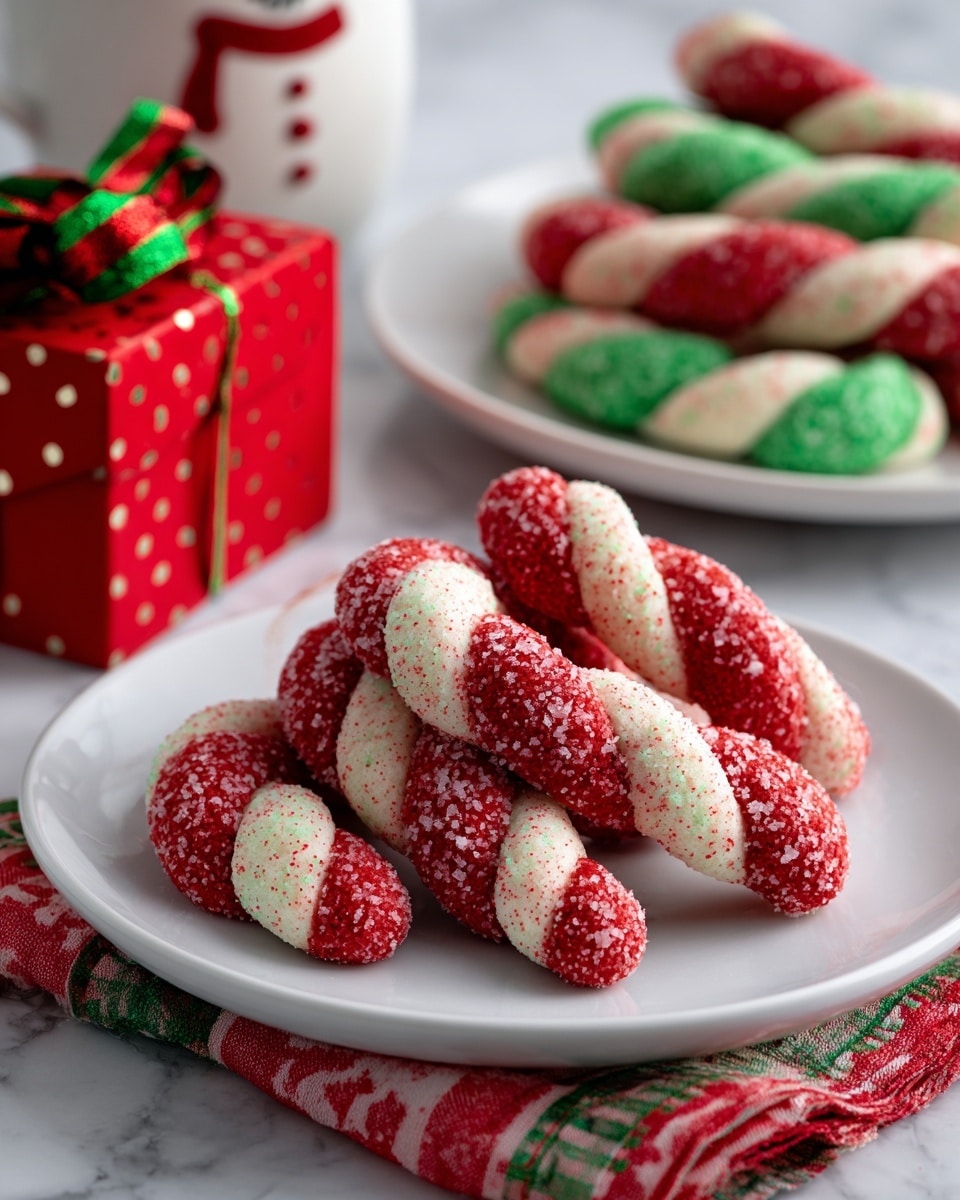 The image shows a white plate holding five candy cane-shaped cookies, each twisted in red and white dough stripes. The cookies are sprinkled lightly with crushed white sugar bits, adding a frosted texture on top. In the background, a white plate with green and red twisted cookies sits on a white marbled surface. A red gift box with a festive snowman and white polka dots is placed near the plates, decorated with red and green curled ribbons. The setting gives a festive and cheerful feeling. photo taken with an iphone --ar 4:5 --v 7