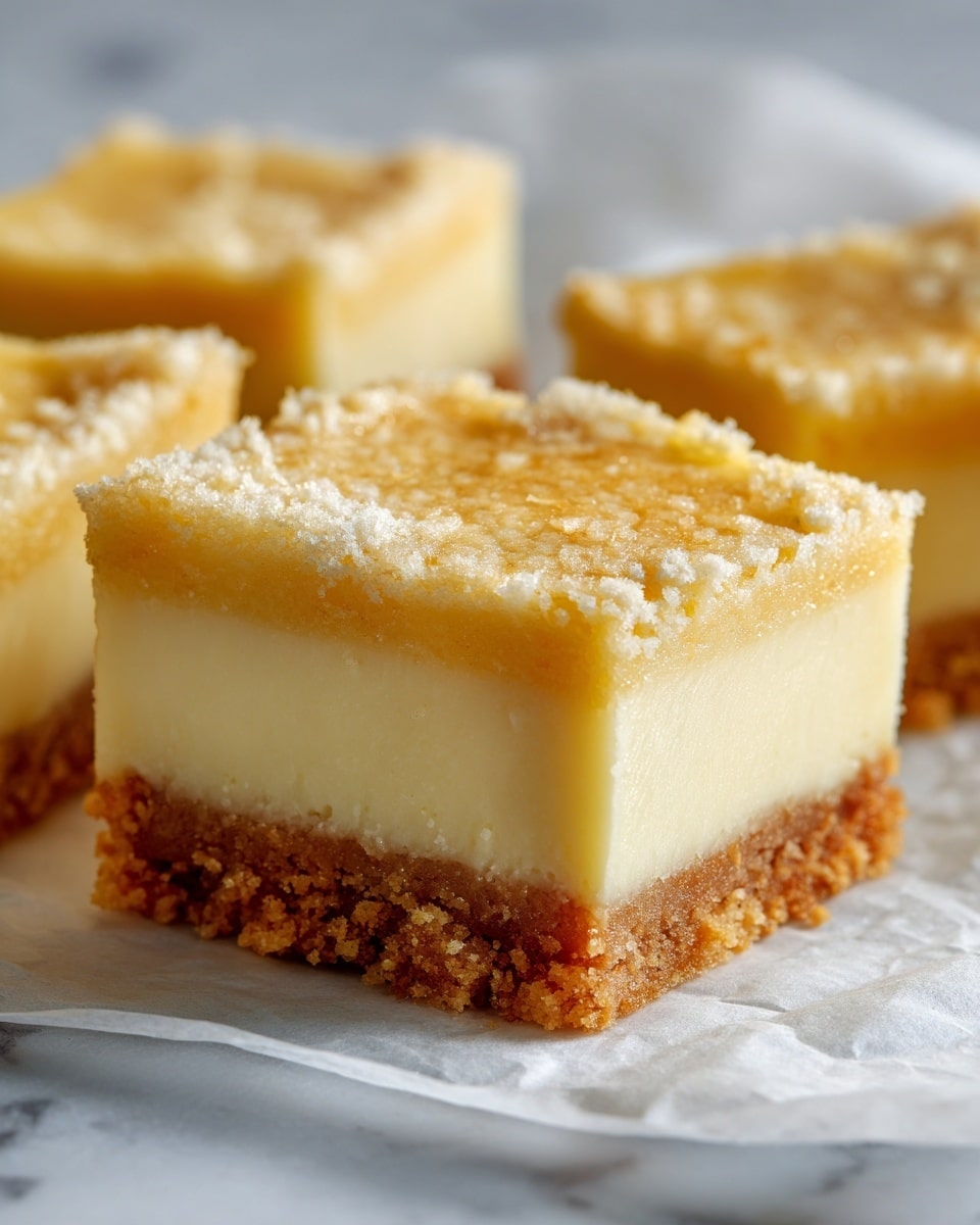The image shows a close-up of a creamy dessert square with two layers. The bottom layer is thick, light beige, and looks soft and slightly crumbly. The top layer is smooth and creamy, pale yellow with a light golden brown crust on the surface that appears slightly cracked. The dessert pieces are on white parchment paper over a white marbled surface. The focus is on the texture and colors of the dessert layers. photo taken with an iphone --ar 4:5 --v 7