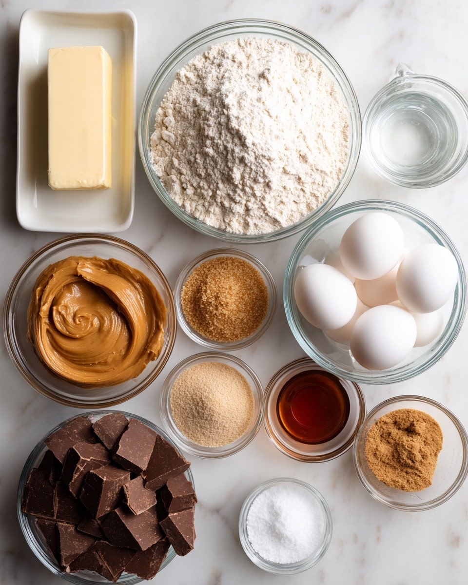 The image shows an overhead view of baking ingredients arranged neatly on a white marbled surface. There is a white rectangular dish holding a solid stick of butter at the top left. Below it is a large round glass bowl filled with white flour that has a slightly rough texture. To the right of the flour, two whole white eggs sit inside a small round glass bowl. Next to the eggs, there is a medium-sized glass bowl packed with light brown sugar, granular in texture. Above the brown sugar, a medium round glass bowl holds smooth peanut butter with a shiny surface. To the right of the peanut butter, a small round glass bowl contains a brown liquid, likely vanilla extract. Next to it, there are two small round glass bowls, one with white powder and the other with coarse white salt. Above the salt, a small glass measuring cup contains a clear liquid, possibly water. To the right of the brown sugar bowl, a large round glass bowl is filled with dark brown chocolate chunks that have an uneven texture. The ingredients are evenly spaced, creating a clean and organized look. Photo taken with an iphone --ar 4:5 --v 7