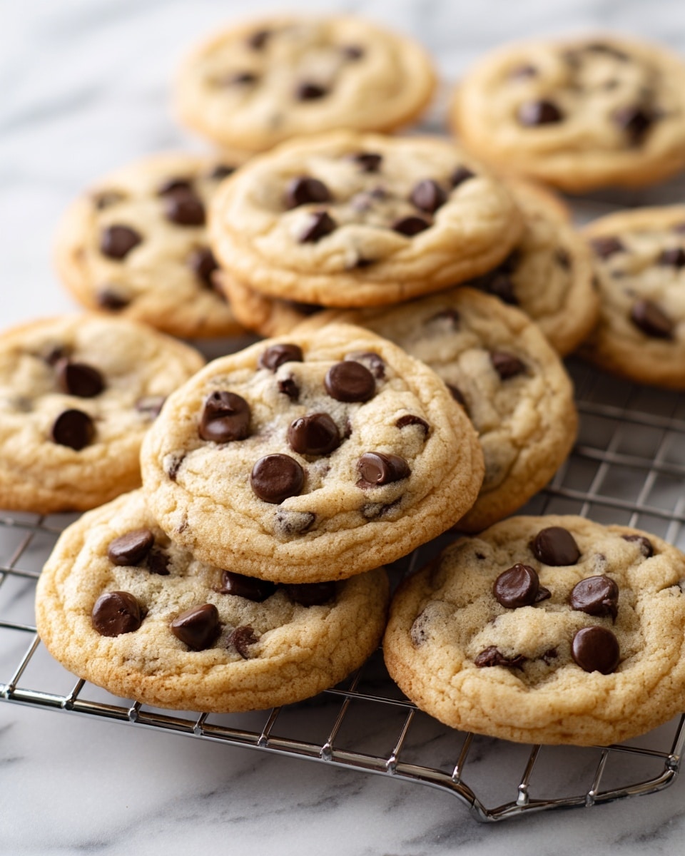 A close-up view shows many fresh chocolate chip cookies stacked and overlapping each other on a wire cooling rack. Each cookie is round with a light golden brown color and a slightly rough, soft texture. Dark chocolate chips are spread evenly on the top, some chips are flat while others have a shiny, slightly raised look, creating a nice contrast against the cookie dough. The background and surface under the rack have a white marbled texture. photo taken with an iphone --ar 4:5 --v 7