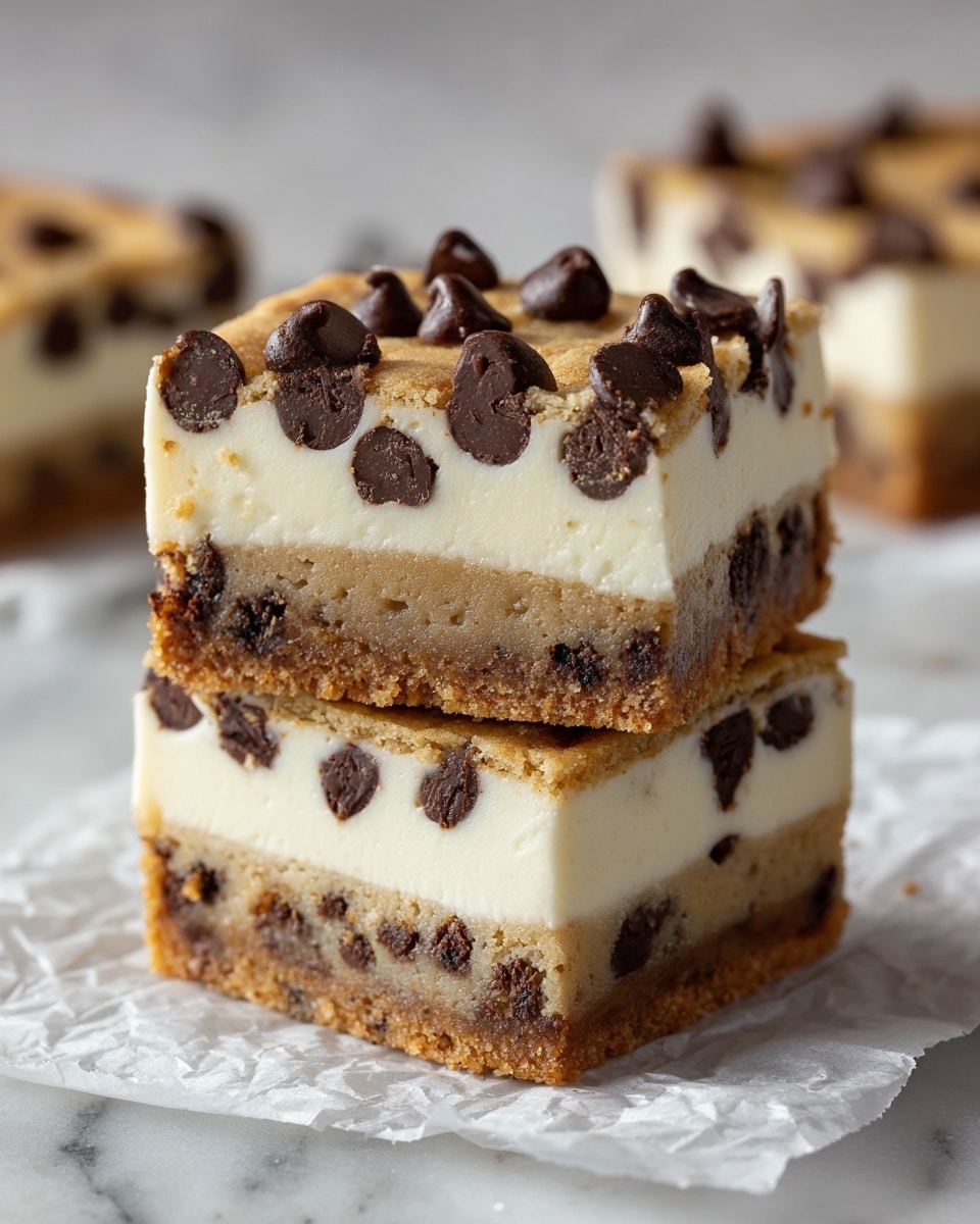 A close-up of a square dessert bar with three visible layers: the bottom layer is a soft, light brown cookie dough with small dark chocolate chips mixed in, the middle layer is a smooth, creamy off-white cheesecake filling, and the top layer is a crumbly, golden brown cookie crust studded with large dark chocolate chips. The bar is placed on crinkled white parchment paper over a white marbled surface, showing a slightly rough texture on top and smooth creamy middle layer beneath. Photo taken with an iphone --ar 4:5 --v 7
