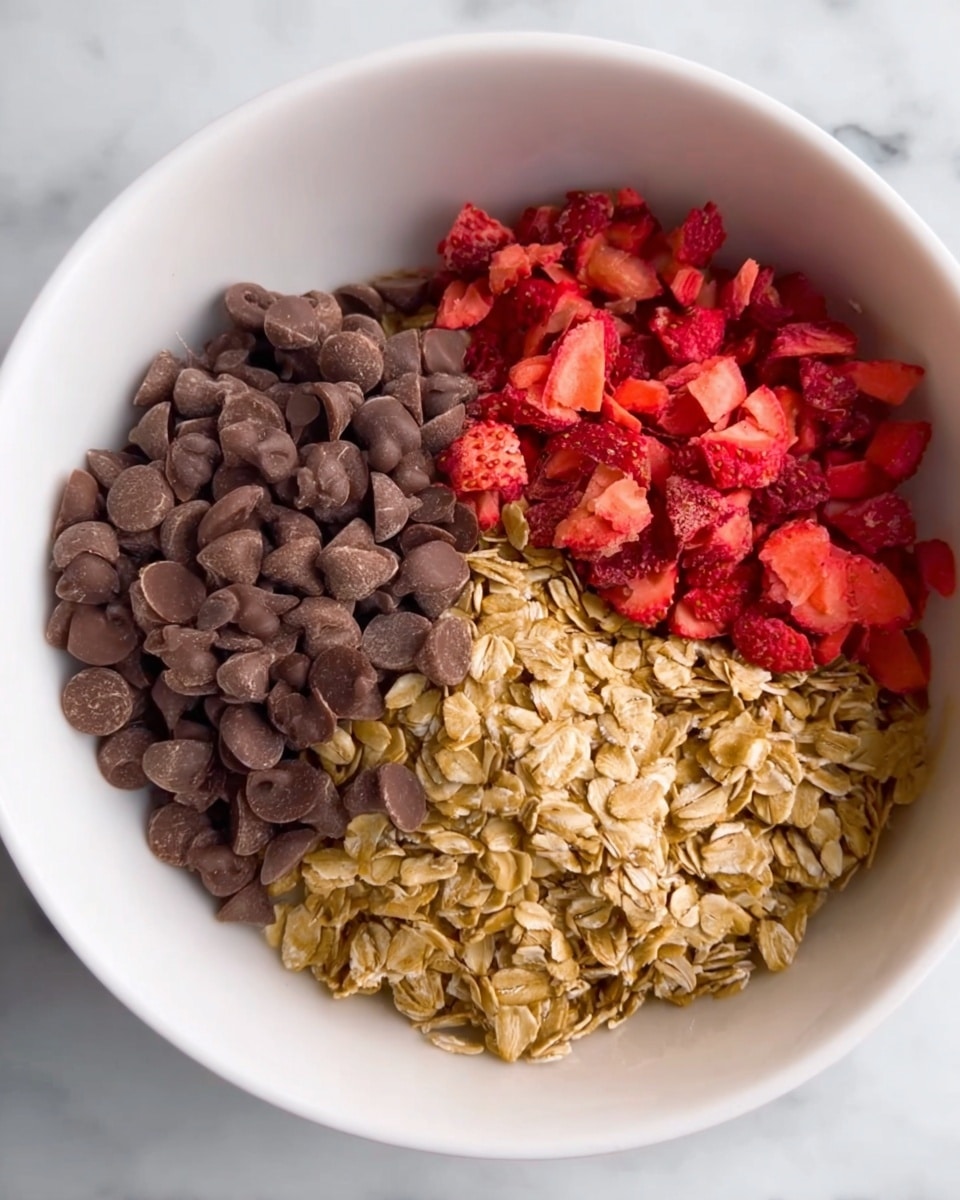 A white bowl holds three main layers: on the right is a large pile of golden brown rolled oats, on the left is a heap of dark brown chocolate chips, and above them are small pieces of bright red strawberry scattered unevenly. The bowl is resting on a white marbled surface, and the ingredients fill the bowl but do not mix much. Photo taken with an iphone --ar 4:5 --v 7