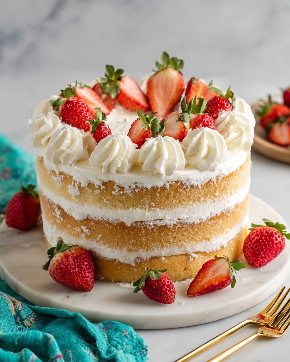 A two-layer naked cake sits on a round white marble board, with light yellow sponge layers separated by thick white cream layers that also coat the outside thinly, showing the sponge beneath. The top of the cake is decorated with large white cream swirls evenly spaced in a circle around the edge. Each swirl holds a fresh strawberry, some whole with green tops and some sliced in half showing their red inside. There are more strawberries scattered around the base on the white marbled surface. In front are two gold forks, and a teal cloth is blurred in the background. Photo taken with an iphone --ar 4:5 --v 7