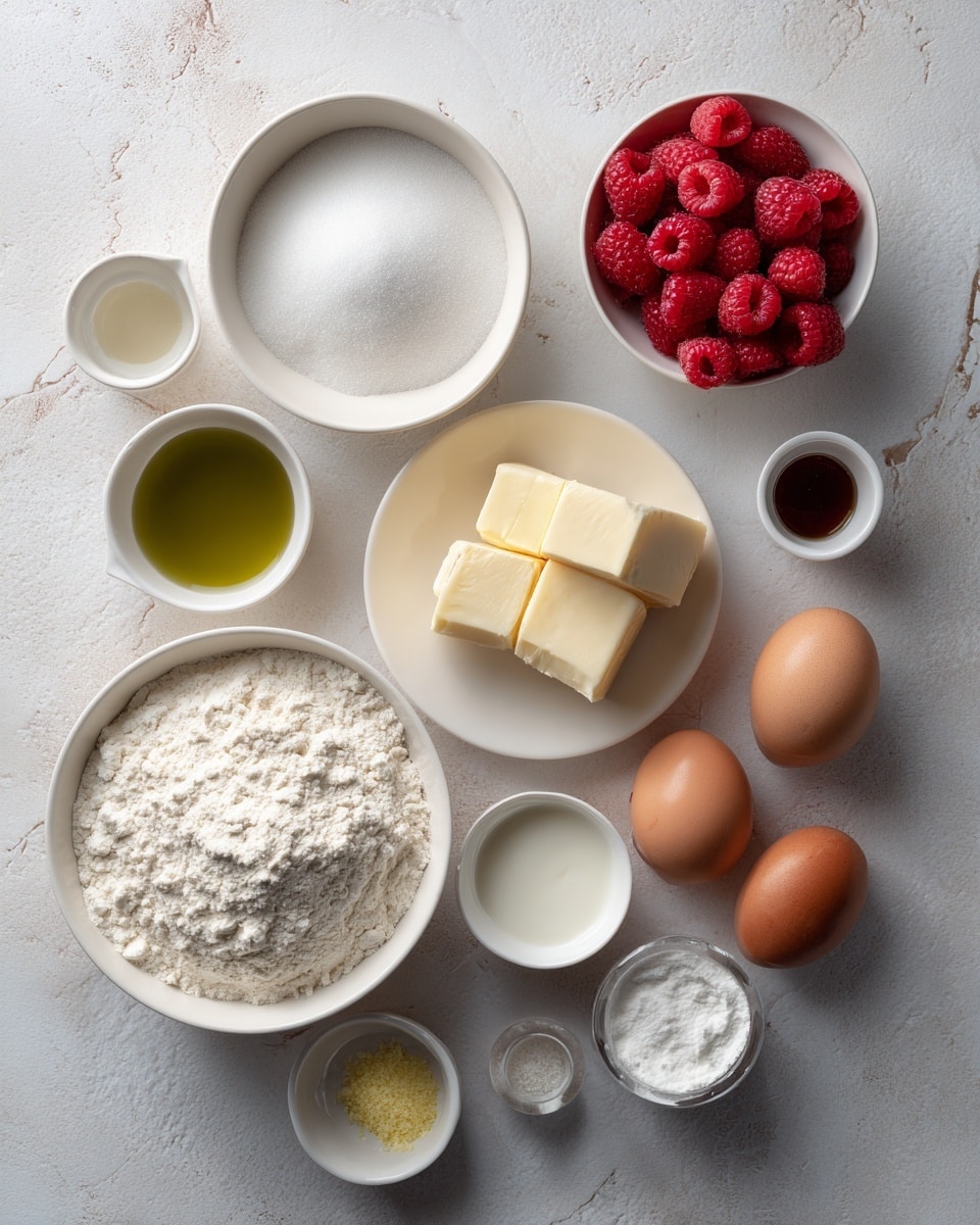 The image shows a top view of baking ingredients arranged on a white marbled surface. There are several white bowls and plates containing different ingredients: a large white bowl filled with white flour at the bottom center, a smaller white bowl with greenish oil to the left of the flour, a medium white bowl with white sugar above the oil, and another medium white bowl with fresh red raspberries to the right. Near the top center, a white plate holds a few small square pieces of pale yellow butter. Three brown eggs are placed to the right of the butter plate, and a small white bowl with a white powder is near the eggs. Another white bowl at the bottom left holds white yogurt, and a tiny white dish with a small amount of yellow powder is next to it. A small glass container with a dark liquid is near the sugar bowl. The arrangement is neat and organized on the white marbled texture. photo taken with an iphone --ar 4:5 --v 7