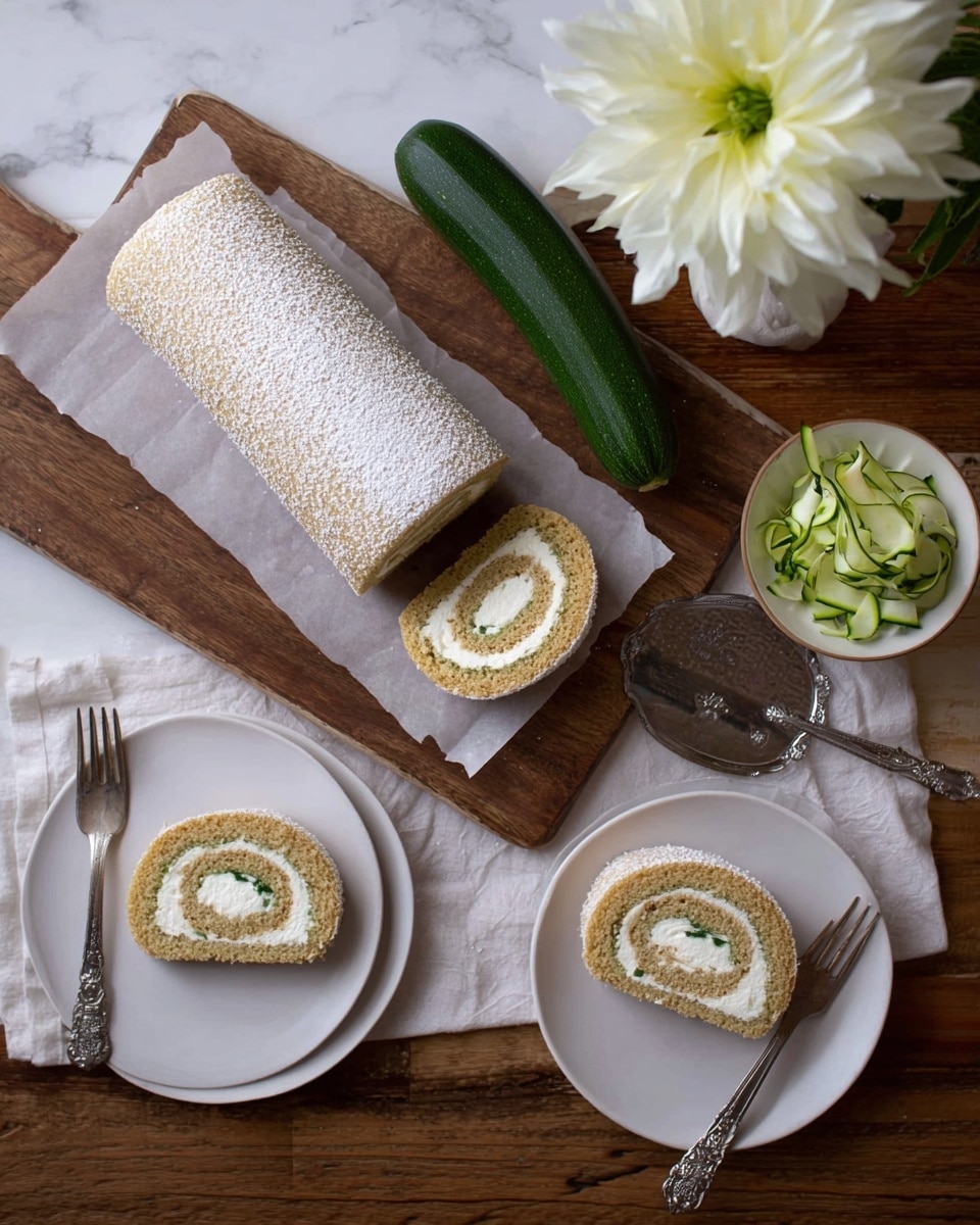 A light brown Swiss roll cake with a creamy white swirl filling is sliced and presented on a wooden board lined with white paper in the center of a white marbled surface. The Swiss roll is dusted with powdered sugar on top, showing a soft and textured outer layer. Two white plates each hold a single slice of the Swiss roll, placed on the right side of the image next to a silver fork resting on a white cloth napkin. Nearby is a whole dark green zucchini and a small white bowl containing shredded zucchini, with a large white flower adding a fresh decorative touch at the top right. A silver cake server lies beside the Swiss roll on the wooden board. photo taken with an iphone --ar 4:5 --v 7
