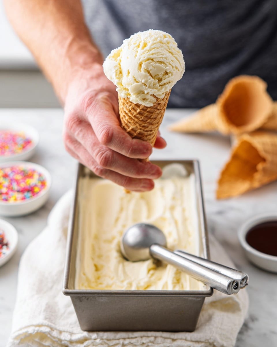 A person holds a single scoop of pale creamy yellow ice cream on top of a light brown waffle cone. The ice cream scoop is textured with soft swirls and edges, sitting above the cone's crisp waffle pattern. In front is a rectangular metal container filled with more of the same ice cream, with a large metal scooper resting inside. The scene is set on a white marbled surface with a folded white cloth underneath the container. In the blurred background, there are colorful sprinkles in a small white bowl, a round bowl of chocolate sauce, and two empty waffle cones lying down. Photo taken with an iphone --ar 4:5 --v 7