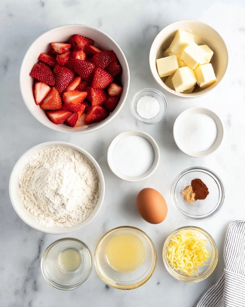 A top view of various baking ingredients neatly placed on a white marbled surface. There is one large white bowl filled with sliced bright red strawberries on the top left. Nearby, a smaller white bowl holds square pieces of pale yellow butter. A medium white bowl contains a heap of white granulated sugar just below the butter. Next to it, a small clear glass bowl has a small amount of white salt, and another clear glass bowl beside the strawberries contains a brown spice. A large white bowl filled with flour is on the bottom left side. In the middle near the flour bowl is a single brown egg. Below the egg, a small clear glass bowl holds a light yellow liquid, likely lemon juice, and next to it is a small bowl filled with thin, bright yellow lemon zest. Another empty clear glass bowl is on the bottom left near the flour. On the right side edge, there is a striped white towel partially visible. Photo taken with an iphone --ar 4:5 --v 7