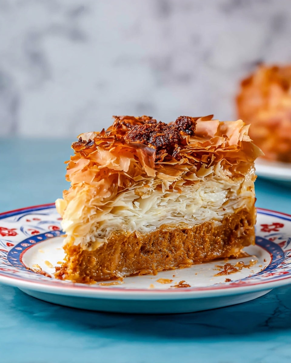 A slice of pie sits centered on a white plate with blue and red patterns around the edge. The pie has three clear layers: a golden brown crunchy top layer made of thin, crumpled phyllo dough with a sprinkle of darker bits, a middle layer of many thin, flaky white sheets stacked closely, and a thick dense bottom layer of smooth, orange-brown filling with some texture near the base. The plate is on a blue surface with a soft, blurry white marbled background. Photo taken with an iphone --ar 4:5 --v 7