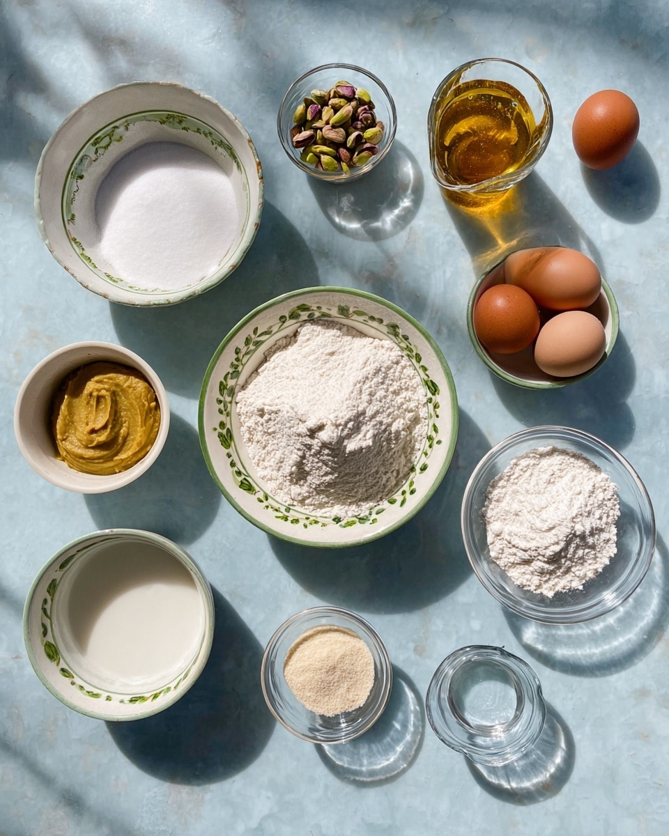 Top view of various baking ingredients arranged neatly on a light blue surface. The center features a medium white bowl with green floral patterns holding a mound of white flour. To the left is a smaller white bowl with a green rim filled with white sugar, and below it, a white bowl with a smooth liquid, possibly milk or cream. Above the center bowl, a small white bowl with some pistachio nuts adds a touch of green and brown. To the right of the nuts, a smaller bowl holds a thick, mustard-yellow paste. Nearby, a transparent glass holds a golden liquid, casting a shadow on the surface. On the far right, two brown eggs rest in a small white bowl with a faint brown rim. A clear glass bowl nearby is filled with a white powder, likely more flour or powdered sugar. Three small clear glasses at the bottom right contain white and beige powders, probably baking powder or soda, and a small amount of liquid amber syrup. The entire setup lies on a white marbled textured background with soft natural light and shadows. Photo taken with an iphone --ar 4:5 --v 7