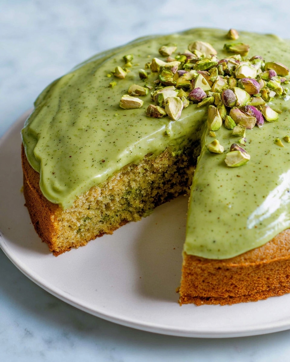 The image shows a single-layer green cake with a smooth, thick green frosting spread evenly on top. The green frosting has small specks, giving it a slightly textured look. The cake itself is light brown with a moist, crumbly texture visible where a wedge slice has been removed. On top of the frosting, there are small pieces of chopped pistachios scattered, adding a touch of light green and purple color contrast. The cake is placed on a white plate with a white marbled surface underneath. photo taken with an iphone --ar 4:5 --v 7