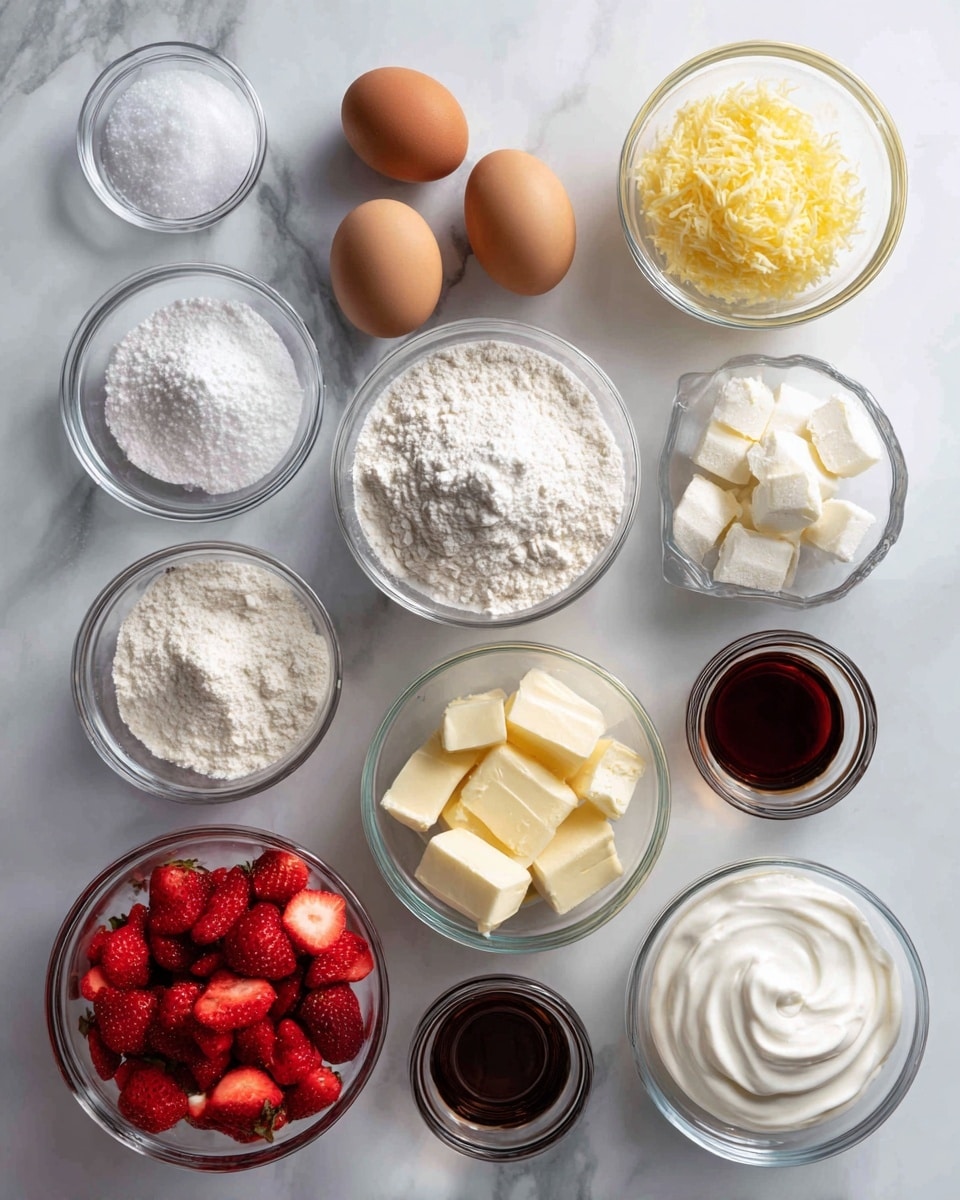 Several clear glass bowls are arranged neatly on a white marbled surface, each holding a different ingredient. From left to right, there is a small bowl with salt, a slightly bigger bowl with two brown eggs, a small bowl with granulated sugar, a bigger bowl filled with white flour, a small bowl of white sugar, a bowl with yellow lemon zest, a bowl with white baking powder, a bowl with butter cubes, a bowl filled with sliced red strawberries, a small bowl with dark brown vanilla extract, and a bowl with white creamy sour cream. The bowls vary in size and shape but are all transparent, showing their contents clearly. photo taken with an iphone --ar 4:5 --v 7