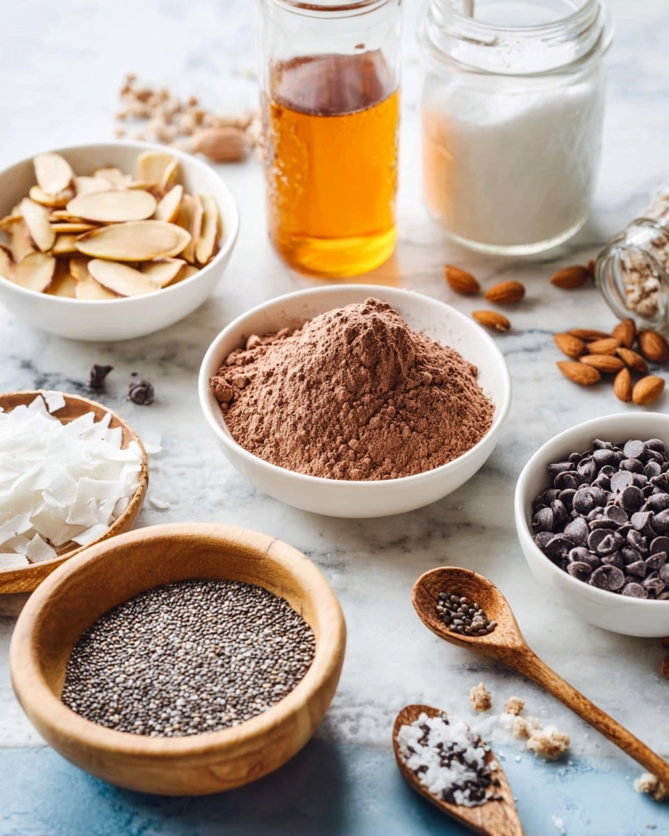 The image shows several ingredients for baking arranged on a white marbled surface. In the center, there is a white bowl filled with a mound of brown cocoa powder. To the left, a white bowl holds light tan almond slices with some scattered around. Behind it is a clear glass jug with amber-colored syrup, and further back, a tall jar with white sugar. In the right front, a wooden bowl contains many tiny black and white chia seeds with a wooden spoon inside. Near the bottom left, a small wooden bowl holds white coconut flakes. To the top right, a white bowl is filled with small dark chocolate chips. Wooden spoons and a small metal measuring spoon are spread around. The scene is bright with soft light, and the focus is sharp on the bowls and their contents. photo taken with an iphone --ar 4:5 --v 7