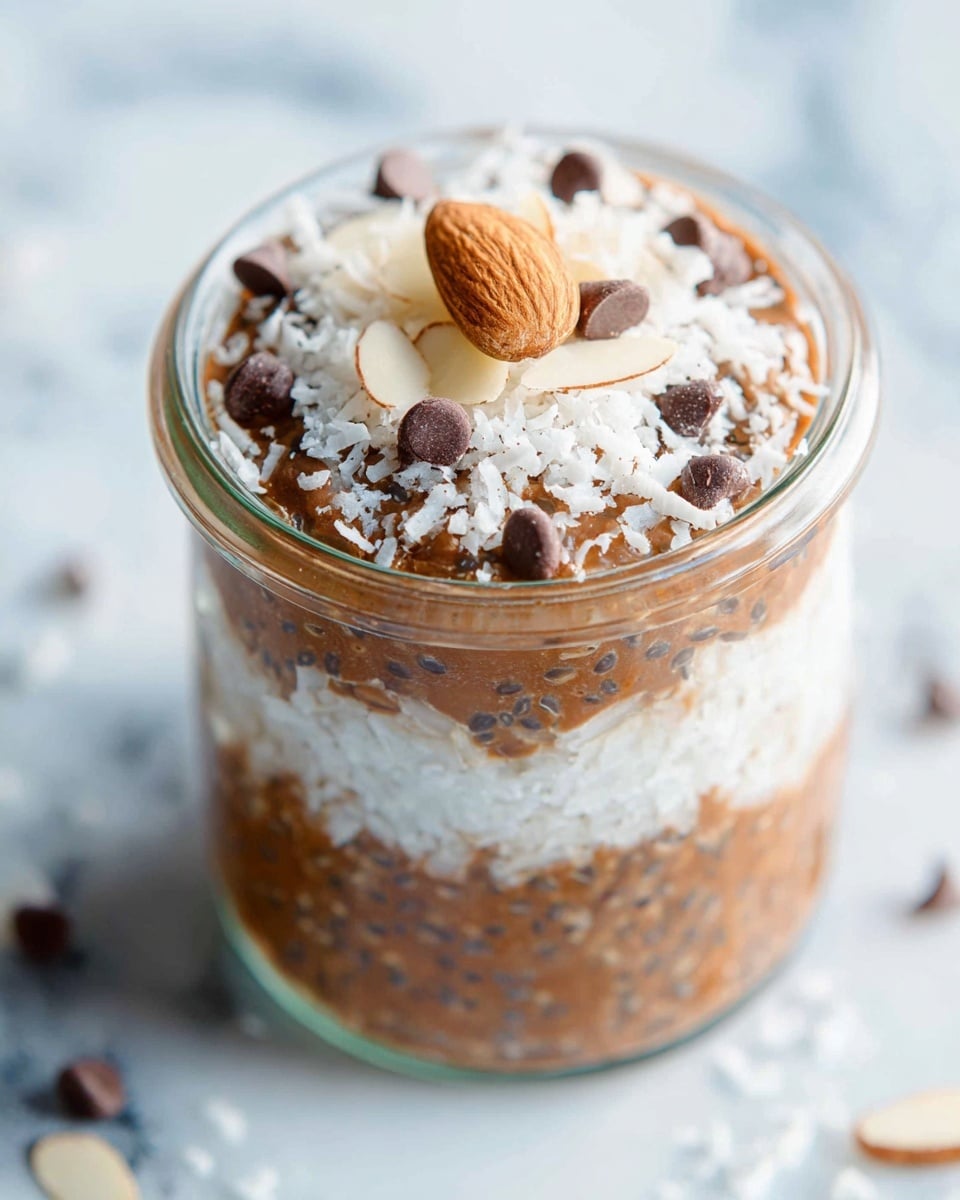A clear glass jar shows a dessert with five layers, starting from the bottom with a brown layer that looks thick and creamy with small seeds or grains mixed in. Above it is a thin white layer that looks like shredded coconut, followed by another thick brown creamy layer with seeds. Then there is a second white shredded coconut layer, and finally the top layer is thick brown cream with visible seeds. The dessert is decorated on top with more white shredded coconut, dark brown chocolate chips, and one thin light brown almond slice in the center. The jar sits on a white marbled surface. Photo taken with an iphone --ar 4:5 --v 7