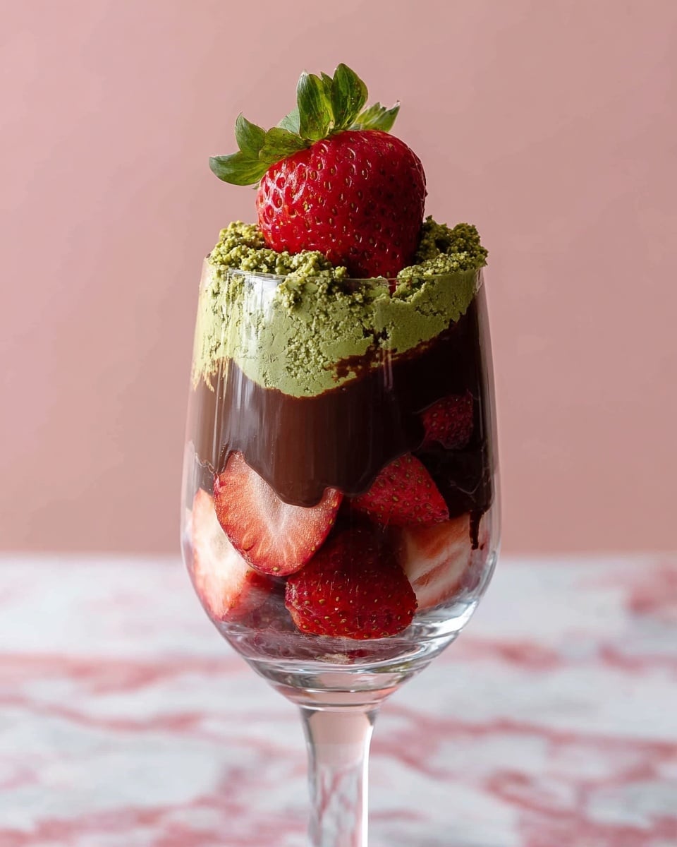The image shows a clear glass filled with several layers of food. At the bottom, there are whole and sliced red strawberries arranged closely together. On top of the strawberries, there is a thick layer of dark brown chocolate sauce, slightly dripping down the sides. Above this is a layer of green, textured paste that looks creamy and thick, spreading unevenly across the top and sides. The dessert is topped with a whole bright red strawberry with its green leaves on top. The glass is placed on a white marbled surface with a soft pink background. photo taken with an iphone --ar 4:5 --v 7
