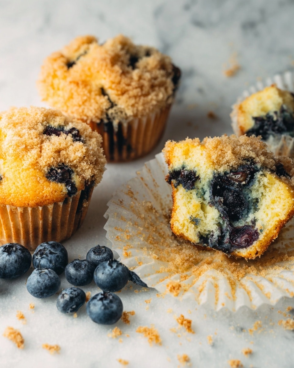 A close-up image of several blueberry muffins stacked on a white marbled surface. The muffins have a golden-brown crumbly top layer with a rough, uneven texture. One muffin is broken in half showing the inside, which is light and fluffy with scattered dark purple blueberry spots. Around the muffins, loose fresh blueberries are spread casually, adding a pop of dark blue color. To the right, there is a clear white bowl filled with blueberries, slightly out of focus. The overall image has a soft, natural light giving it a warm, inviting look. Photo taken with an iphone --ar 4:5 --v 7