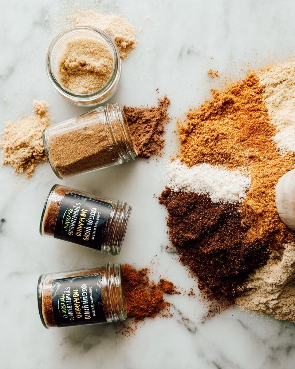 The image shows four small glass jars lying on a white marbled surface, each with a small pile of ground spice spilled near the jar's opening; from left to right, there is a pale beige ginger powder with a fine texture, a medium brown nutmeg powder with a slightly coarser texture, a dark brown ground clove powder with a fine and dense appearance, and an orange-brown cinnamon powder with a fine texture. On the right side, there is a close-up of a bowl with several layers of different dry spices piled together in the center, forming a mixed heap of colors including white, light brown, reddish-brown, and dark brown powders on a white marbled textured background. Photo taken with an iphone --ar 4:5 --v 7