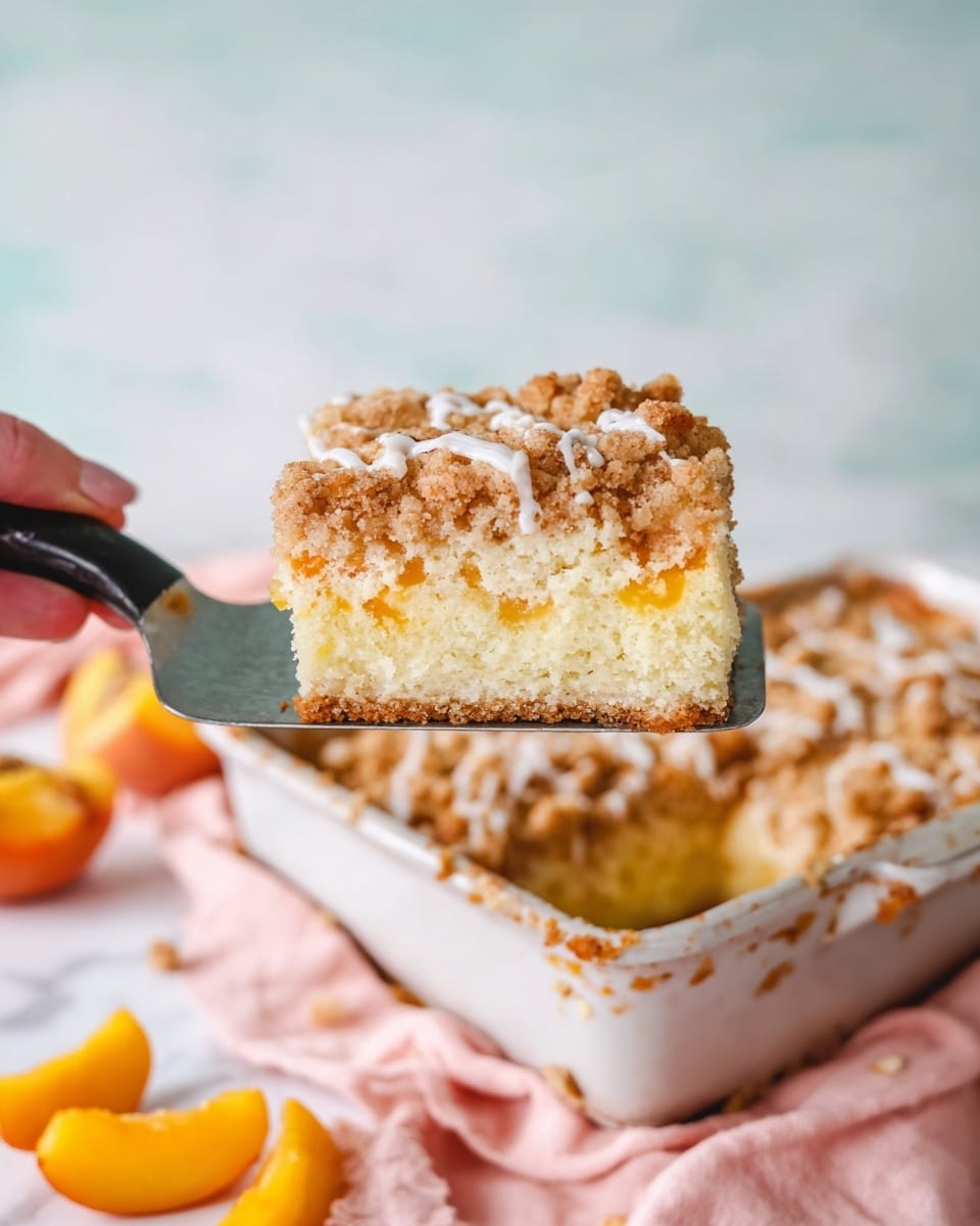 A square slice of crumb cake is held above a white marbled surface by a woman's hand holding a metal spatula with a black handle. The crumb cake has three visible layers: the bottom layer is light golden brown and firm, the middle layer is thick, soft, and pale yellow with small pieces of orange fruit embedded inside, and the top layer is a rough, crumbly streusel with a golden brown color and a thin, white glaze drizzled over it. The cake slice is above a white baking dish with some crumbs and residue inside. Around the dish, there are a few slices of yellow-orange fruit and a soft pink cloth on the white marbled surface. photo taken with an iphone --ar 4:5 --v 7