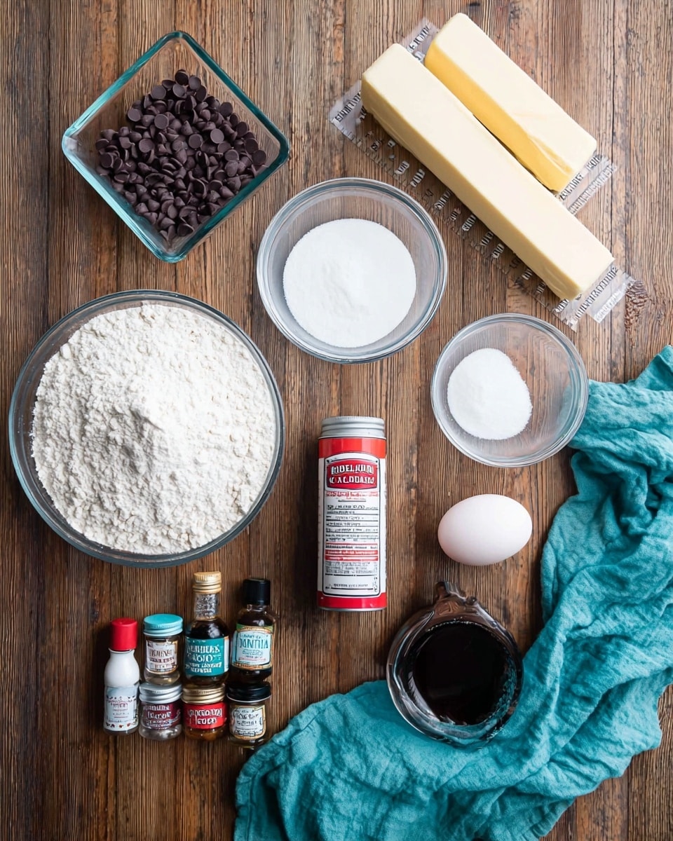The image shows nine clear glass bowls and one white butter stick arranged neatly on a white marbled surface. The largest bowl is filled with white flour, placed at the top left. Next to it is a medium bowl filled with white sugar, followed by a smaller bowl containing brown cocoa powder. A small pitcher with white buttermilk is on the far right side. Below these, from left to right, are a small bowl with clear vinegar, a similar bowl with white baking soda, and another small bowl with white salt. Two brown eggs sit next to the bowls in the center-right. Finally, a white butter stick labeled