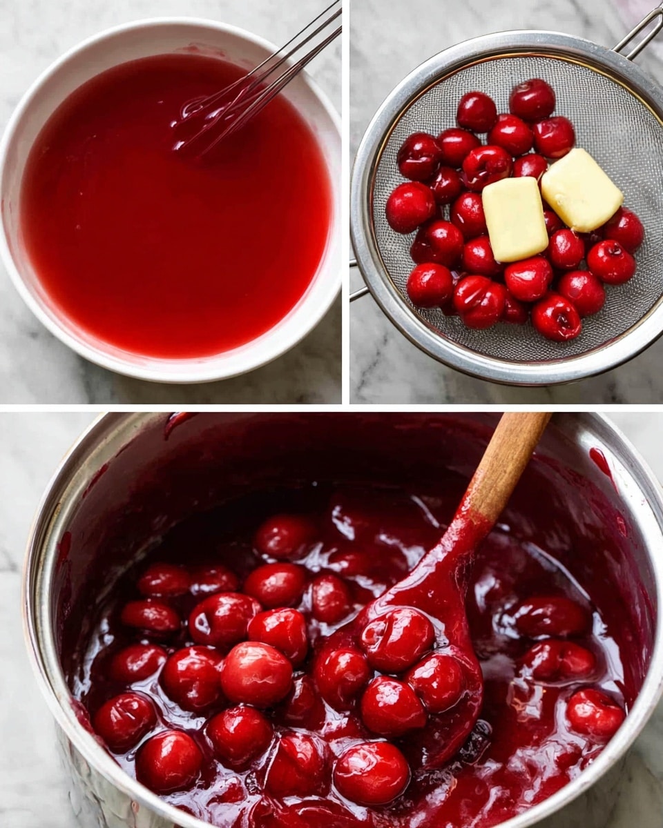 The image shows a three-step process of making a bright red cherry sauce. The first part displays a white bowl filled with clear red liquid, with a sieve holding whole red cherries over it. The second part shows a silver saucepan with thick, smooth, deep red liquid where two light yellow pats of butter are melting, with a whisk stirring the mixture from the left side. The third part is a close-up of a pot filled with shiny, thick cherry sauce with whole cherries coated in a glossy, rich red syrup, and a wooden spoon partially stirring the sauce on the left side. The whole scene is set on a white marbled surface. photo taken with an iphone --ar 4:5 --v 7