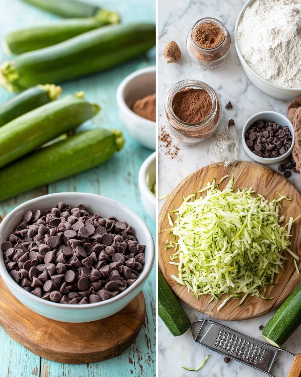 The image shows two parts: on the left, there is a white bowl full of dark brown chocolate chips in the front on a light blue wooden surface with a wooden round tray underneath. Behind the bowl, there are green zucchinis laying horizontally, an overflowing measuring cup of white flour, and a white bowl of brown cocoa powder, with a small glass jar of ground cinnamon open in the corner. On the right side of the image, a wooden round board holds a pile of freshly grated pale green zucchini with dark green skin bits mixed in, a metal box grater with zucchini shreds on it, a half zucchini with a cut end facing the camera, a white bowl with chocolate chips, and a white bowl of cocoa powder in the bottom corner. The background is a white marbled texture. photo taken with an iphone --ar 4:5 --v 7