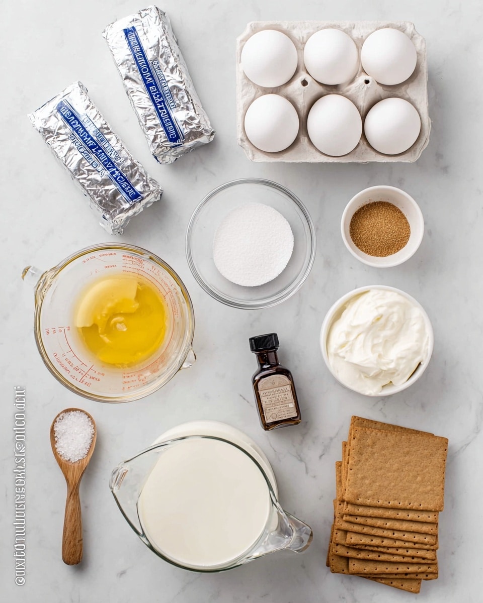 A top-down view of different baking ingredients arranged neatly on a white marbled surface. There is an open brown egg carton with three white eggs in the top left corner. Below it, a small glass of milk with an egg yolk settled at the bottom is placed. In the center is a large clear bowl filled with a pale yellow powder, likely almond flour. To the right of it, there is a small glass bowl filled with white powder, and above that, a clear bowl with a heap of dark brown cocoa powder. Near the bottom right corner, a white oval dish holds a smaller portion of cocoa powder. Next to it is a shiny metal measuring spoon filled with a white granulated powder, possibly salt or baking soda. Above the spoon, a small white square cup contains a dark brown liquid, perhaps vanilla extract. All items are spaced evenly, creating a clean and organized layout. Photo taken with an iphone --ar 4:5 --v 7