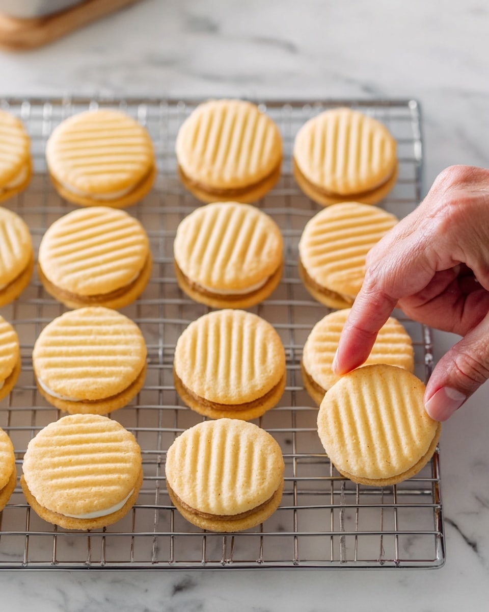 The image shows 24 round sandwich cookies arranged on a silver cooling rack over a white marbled surface. Each cookie has two light golden biscuit layers with three parallel lines pressed into the top biscuit, and a visible layer of light brown filling in between. A woman's hand is seen picking up one of the cookies from the bottom right corner, with fingers gently holding the edge of the biscuit. The cookies have a smooth, slightly shiny texture and a soft golden color on the edges. Photo taken with an iphone --ar 4:5 --v 7