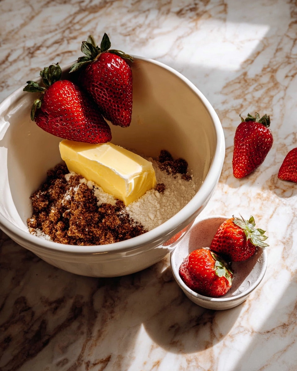 A white mixing bowl sits on a white marbled surface, containing three layers: a bottom layer of white flour, a middle layer of a stick of yellow butter, and a top layer of dark brown sugar sprinkled unevenly over the butter and flour. Nearby, a small white bowl holds two bright red strawberries with green stems, and more strawberries are scattered around on the marbled surface. The light is warm, casting soft shadows around the ingredients. Photo taken with an iphone --ar 4:5 --v 7