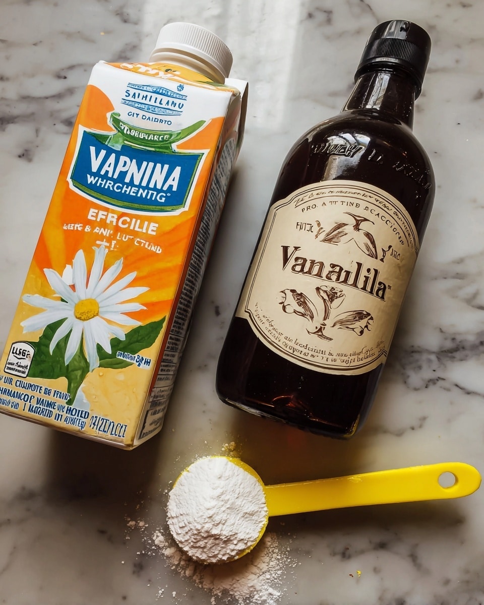 A clear glass bowl filled with bright orange apricot pieces sits at the top left on a white marbled surface. A white rolled premade pie crust is placed diagonally near the top right. Below the apricots, a small clear bowl with white heavy cream is visible, next to a tiny clear bowl with white cornstarch. A small dark bottle labeled vanilla stands near the bottom left. In the center right, a small clear bowl holds two round scoops of brown sugar. Nearby, another small clear bowl with a mix of ground nutmeg and salt sits close to a yellow measuring spoon filled with white sugar. The ingredients are neatly spread out on the white marbled surface. Photo taken with an iphone --ar 4:5 --v 7