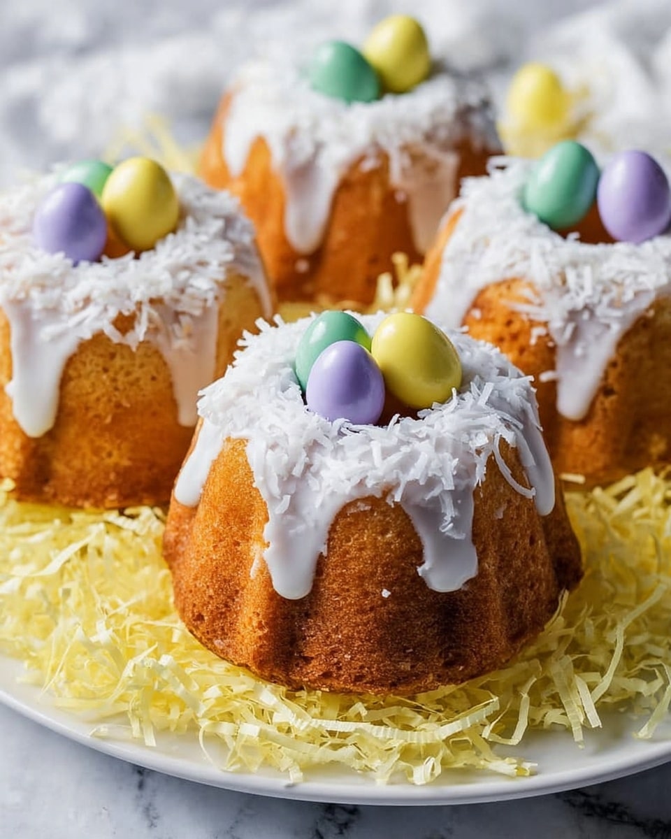 The image shows four small bundt cakes with a golden-brown color, each topped with white icing that drips down the sides and is sprinkled with shredded coconut. On top of each cake are three pastel-colored candy eggs in shades of green, purple, and yellow. The cakes are placed on a white plate surrounded by light yellow shredded paper, all set on a white marbled surface. The texture of the cakes looks soft and moist, while the icing has a smooth, glossy appearance. Photo taken with an iphone --ar 4:5 --v 7